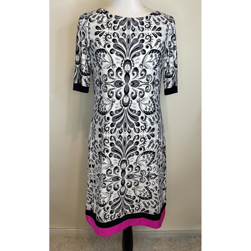 Eliza J Dress SZ 6 Stretch Pink Gray Black Abstract Exposed Zipper Half Sleeve
